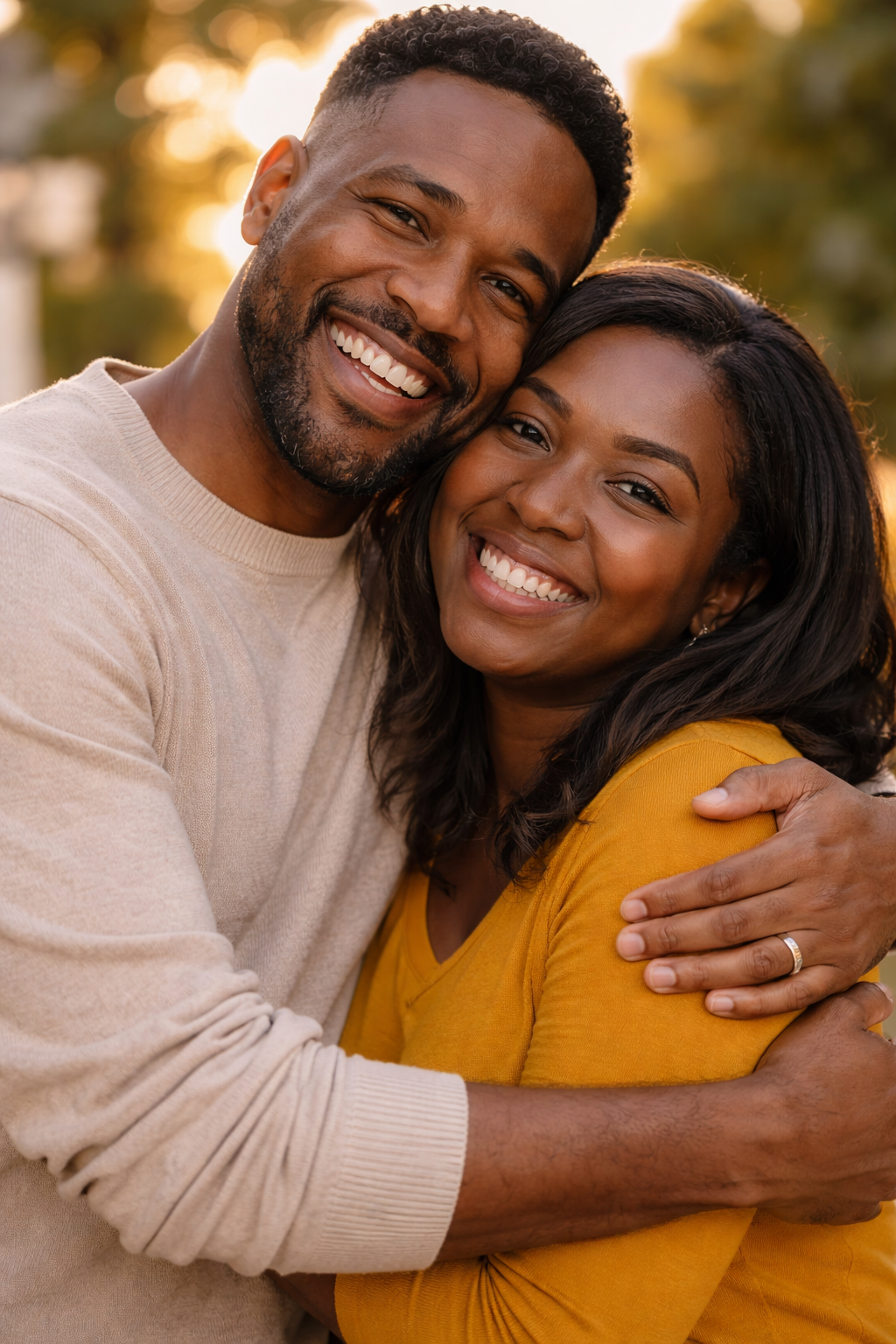A happy couple smiling together, showing the positive outcome of couples therapy