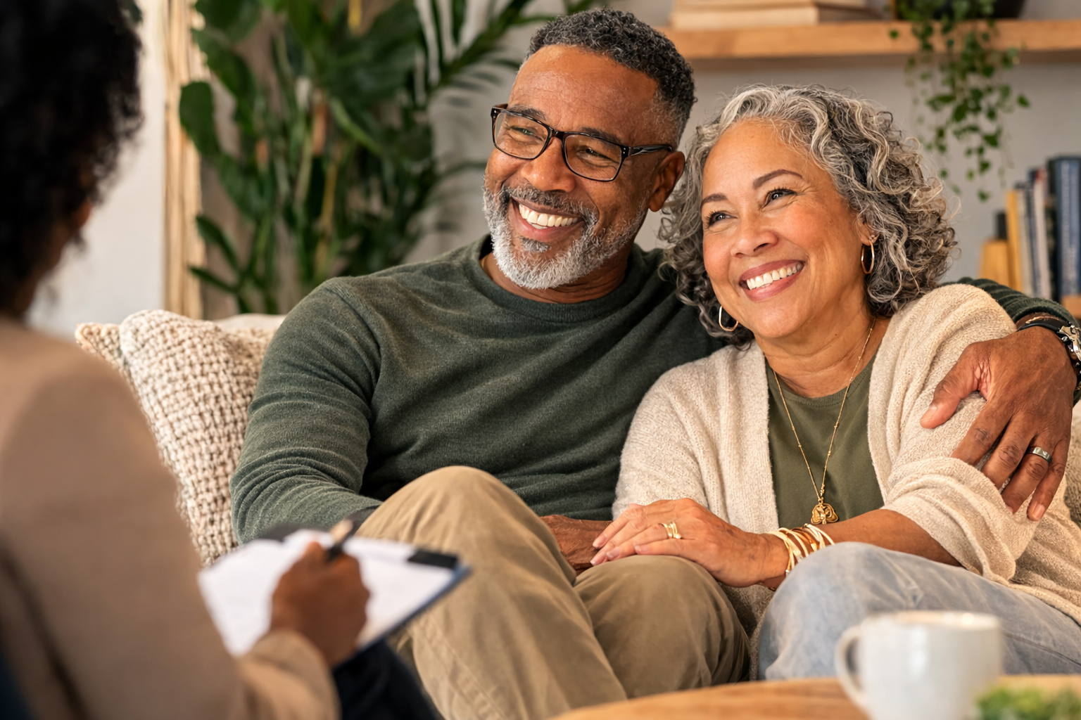 An older couple smiling together, representing healing from trauma