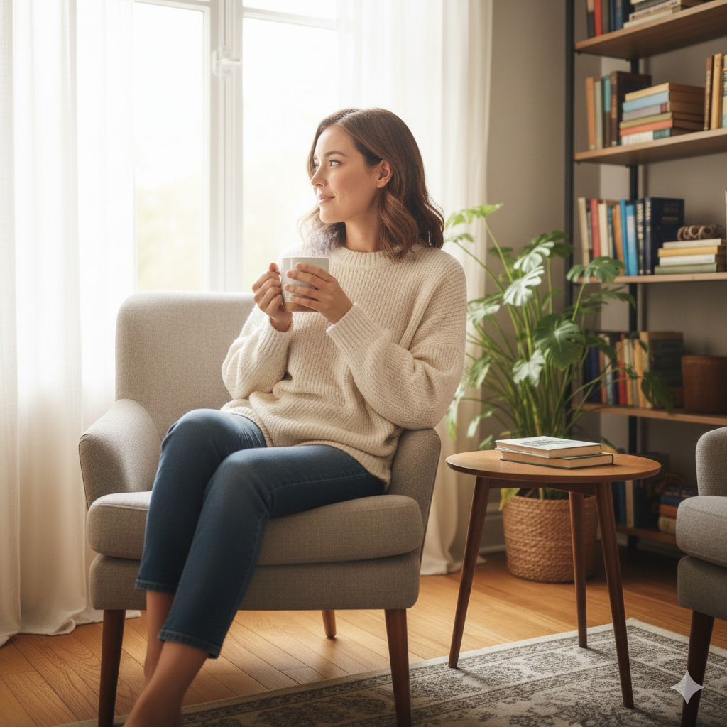 A woman in a peaceful state, representing individual growth through therapy